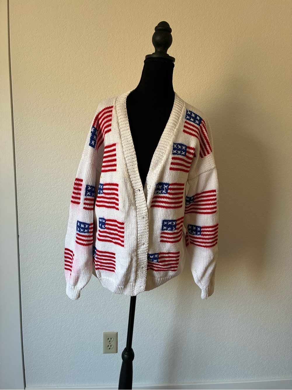 Patriotic Flag Knit Cardigan White, Red & Blue Independence Day Oversized